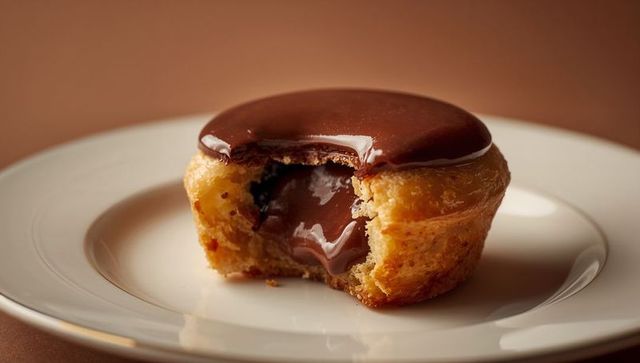 Bitten chocolate tart with molten ganache oozing on ceramic plate, closeup dessert