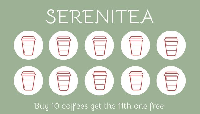 This vector illustration features a promotional coffee loyalty card for Serenitea. It includes ten coffee cup icons and an offer text that promises the 11th cup for free after purchasing ten coffees. Ideal for cafes and tea shops aiming to attract and retain customers with a rewarding loyalty program. Effective for print, digital marketing, or point-of-sale displays to boost customer engagement and sales.