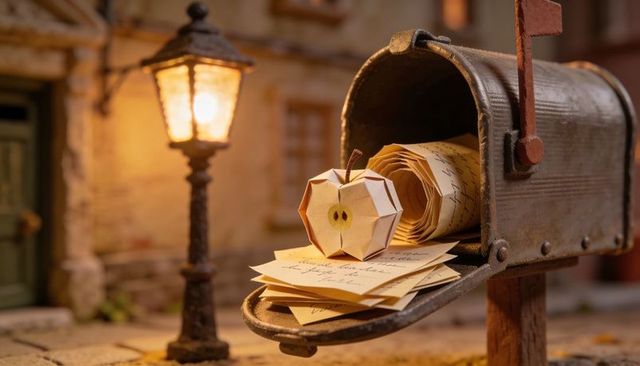 Rusted mailbox at dusk holding handwritten letters, parchment roll and origami apple