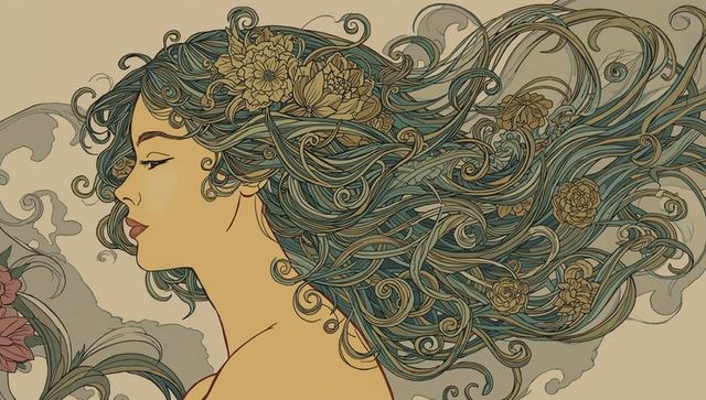 Elegant Art Nouveau Goddess with Floral Hair Patterns