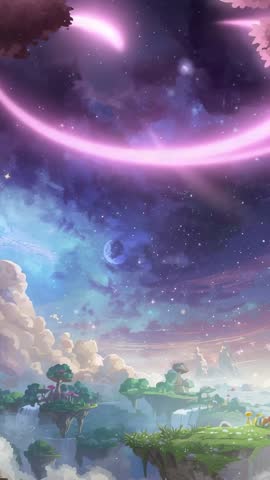Vertical Fantasy Video Looping Pink Light Ribbons Across Cosmic Sky Over Floating Isles