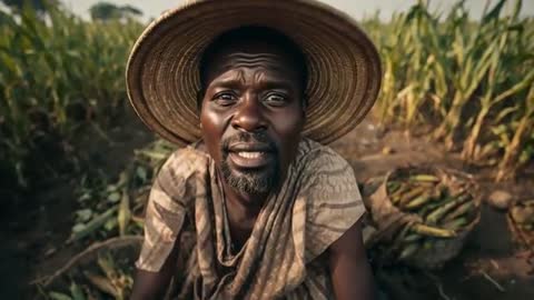 Farmer Speaking to Camera while Leaning Forward in Sunlit Corn Field Wearing Straw Hat