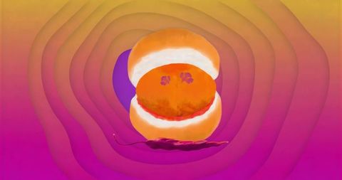 Surreal floating orange and chili with vibrant abstract background