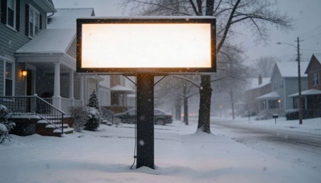 Glowing rectangular sign illuminating snowy residential street at dusk with visible cable