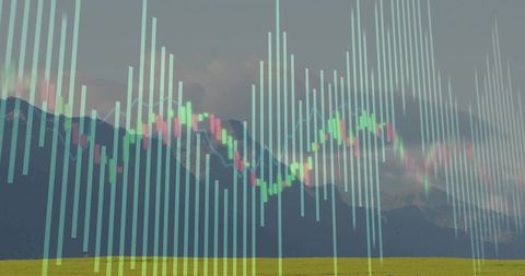 Financial Graphs Overlaying Mountains and Fields with Bright Visual Trends
