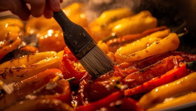 Basting roasting bell peppers with glaze brush on hot oven tray