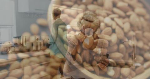 Senior woman sipping coffee while checking phone double exposure coffee beans cozy kitchen