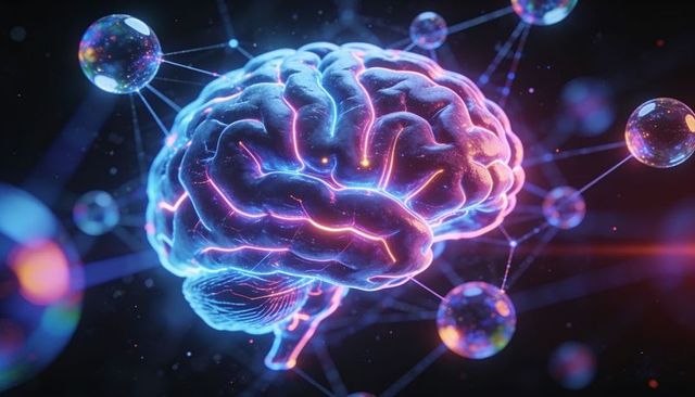 Pulsing neon brain connecting glowing neural nodes in futuristic cybernetic network