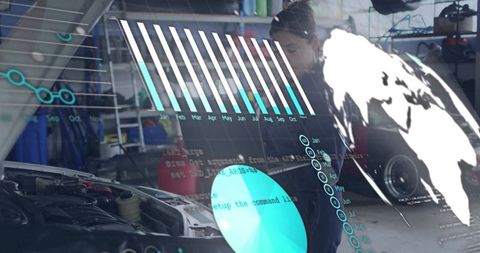 Woman mechanic reviewing car diagnostics with data overlay in garage