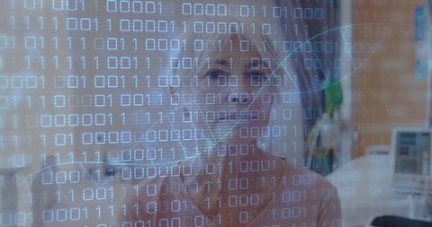 Elderly Woman Surrounded by Digital DNA and Binary Code