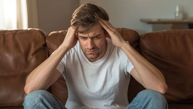 Man in deep thought sitting on brown leather couch at home