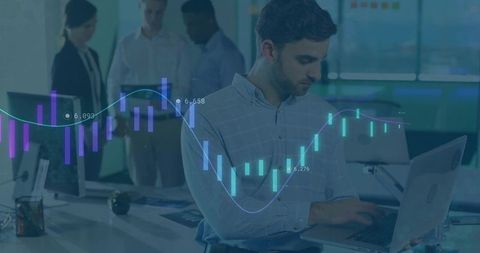 Business Team Analyzing Data with Digital Chart Overlay in Modern Office
