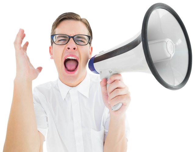 Man with glasses shouting through megaphone transparent background - Download Free Stock Videos Pikwizard.com