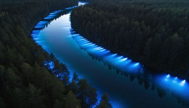 Bioluminescent river winding through pine forest at night with electric blue glow