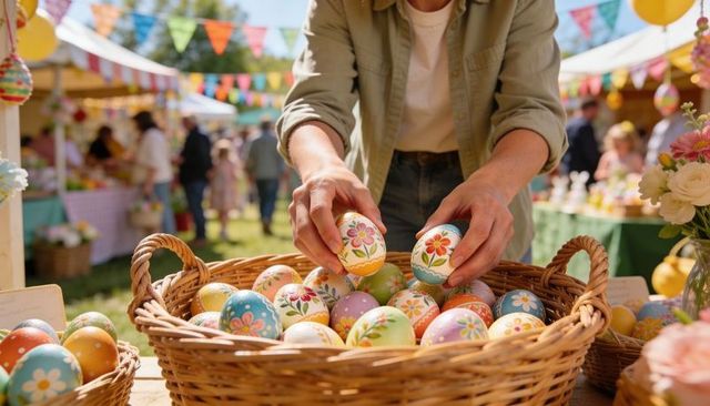 Vendor arranging hand-painted pastel Easter eggs in wicker basket at outdoor spring fair