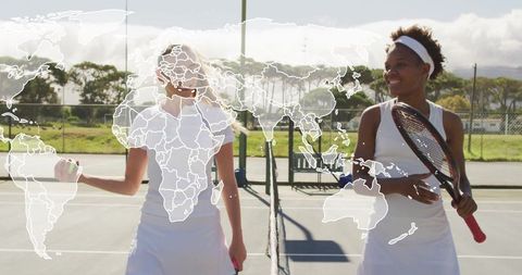 Women Tennis Players Holding Rackets in Quirky Map Overlay