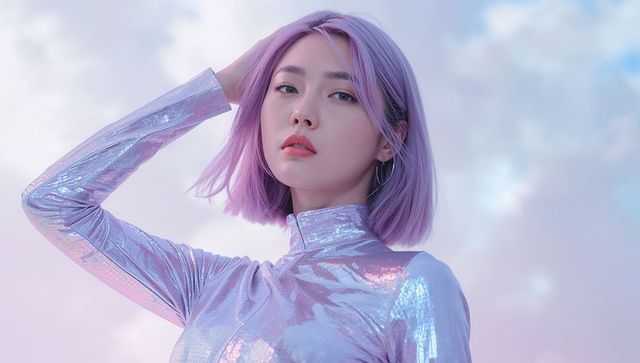 Stylish Model Posing with Lavender Metallic Outfit and Pastel Sky Backdrop