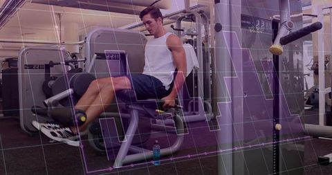 Young man performing seated leg extensions at gym with purple digital fitness overlay