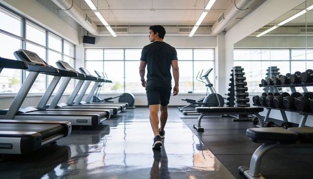 Walking man passing treadmills and dumbbells in modern gym with daylight and mirrors