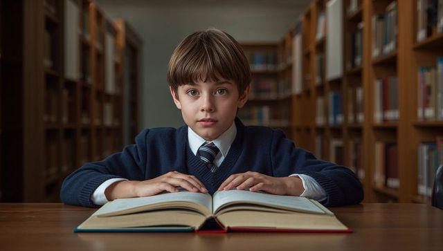 Schoolboy Studying at Library Table with Open Book