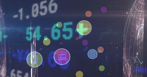 Digital Interface Icons Overlay on Stock Market Display - Download Free Stock Images Pikwizard.com