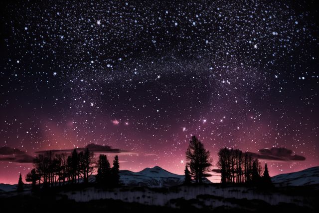 Snowy mountain landscape with silhouettes of tall trees under a star-filled sky at dusk. Purple and pink hues create a serene twilight atmosphere. Ideal for backgrounds, nature-themed projects, travel guides, relaxation visuals, astronomy blogs, and inspirational posters.