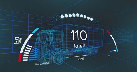Futuristic 3d wireframe of cargo truck with speed and energy gauges