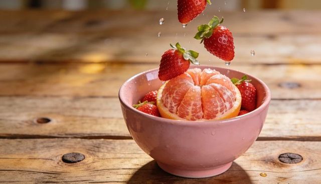 Falling strawberries and peeled mandarin in pink ceramic bowl on rustic wooden table
