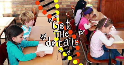 Diverse Schoolchildren Studying with Animated DNA and Text Overlay