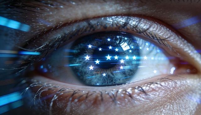 Macro blue iris reflecting digital stars and augmented reality interface for cybersecurity