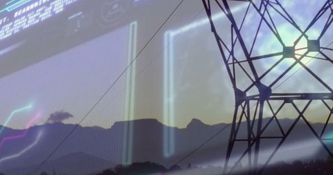 Futuristic Interface Overlay on Power Lines at Dusk