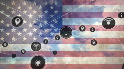 American Flag with Digital Network Icons Overlay