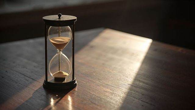 Vintage hourglass with streaming sunlight on wooden table
