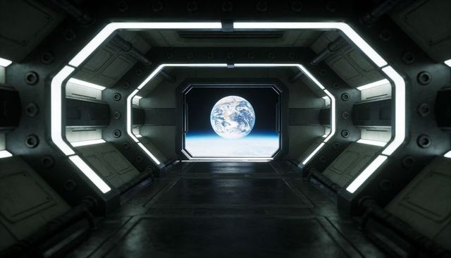 Futuristic Space Station Corridor Leading to Earth Viewport, Illuminated Industrial Tunnel