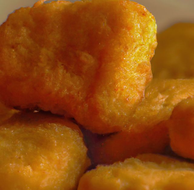 This close-up shot showcases a stack of crispy golden chicken nuggets. The crunchy, lightly browned exterior highlights their enticing texture, making it ideal for use in food blogs, restaurant menus, advertisements, and culinary articles centered around fast food, snacks, and comfort food.