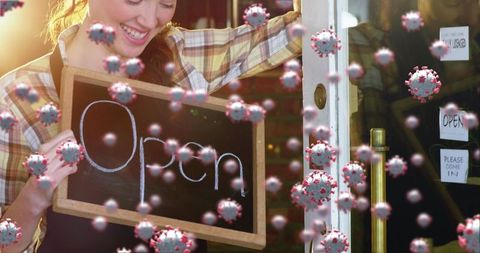 Waitress welcoming during covid-19 with virus overlay