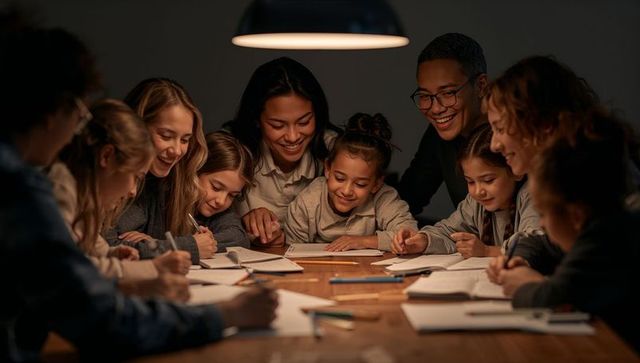 Evening tutoring circle helping children learn together under warm pendant lamp