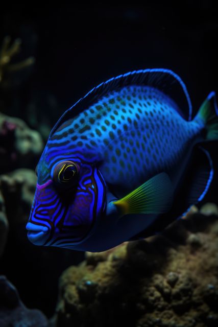 Blue tropical fish with pattern and coral reef in sea, created using generative ai technology. Fish, animals and nature concept, digitally generated image.