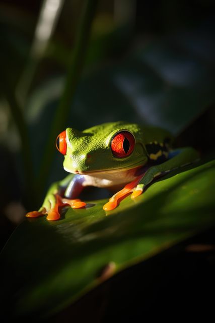 This striking image of a red-eyed tree frog showcases the frog's vibrant colors as it sits on a leaf, illuminated by the sunlight. Ideal for use in educational materials, environmental campaigns, wildlife documentaries, or nature-themed artwork and publications for its captivating and detailed portrayal of a tropical amphibian.
