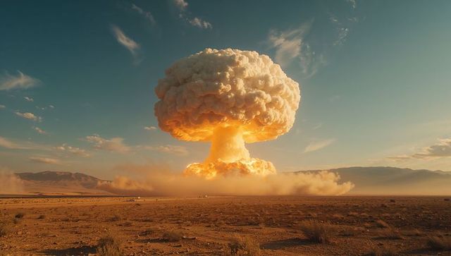 Dramatic Mushroom Cloud from Explosion in Desert Landscape