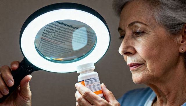 Senior woman reading prescription bottle using led magnifier for medication safety