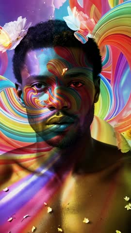 Face blending with vibrant rainbow projection and swirling floral abstract art vertical video