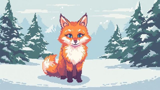 Sitting pixel art red fox with blue eyes in snowy pine forest retro game style