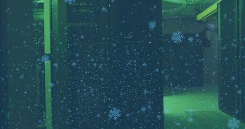 Glowing central server rack bathed in teal and green light with digital snow overlay