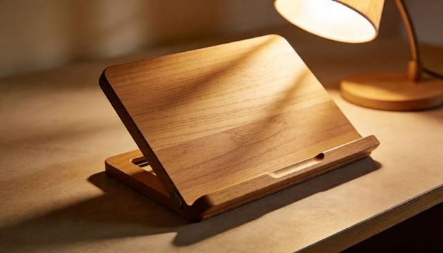 Adjustable wooden book stand showcasing warm lamp lighting and tablet groove