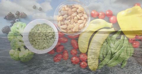 Seascape Double Exposure Blending Fresh Produce, Nuts and Berries for Healthy Lifestyle