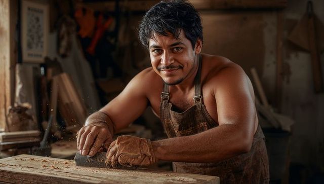 Muscular carpenter planing hardwood plank with hand plane in rustic workshop, leather apron