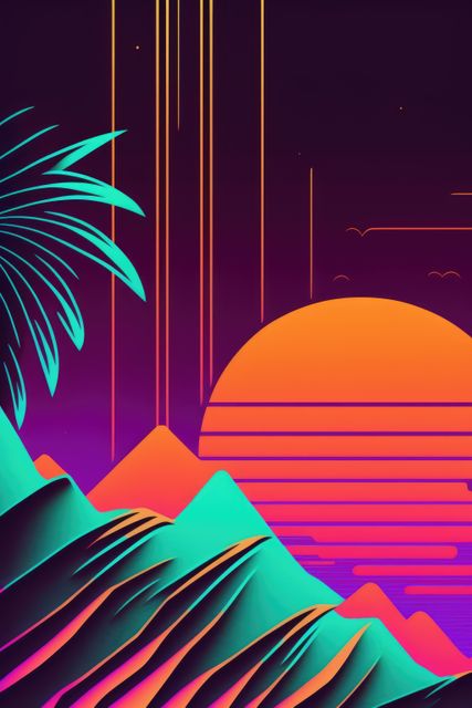 Vaporwave landscape with mountains, palm tree and sun, created using generative ai technology. Vaporwave background and colour concept digitally generated image.