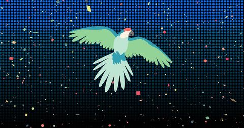 Colorful Parrot Flying Amidst Confetti and Blue Grid Celebration - Download Free Stock Images Pikwizard.com