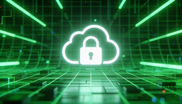 Neon green cloud security concept with padlock over futuristic 3d grid and data streams